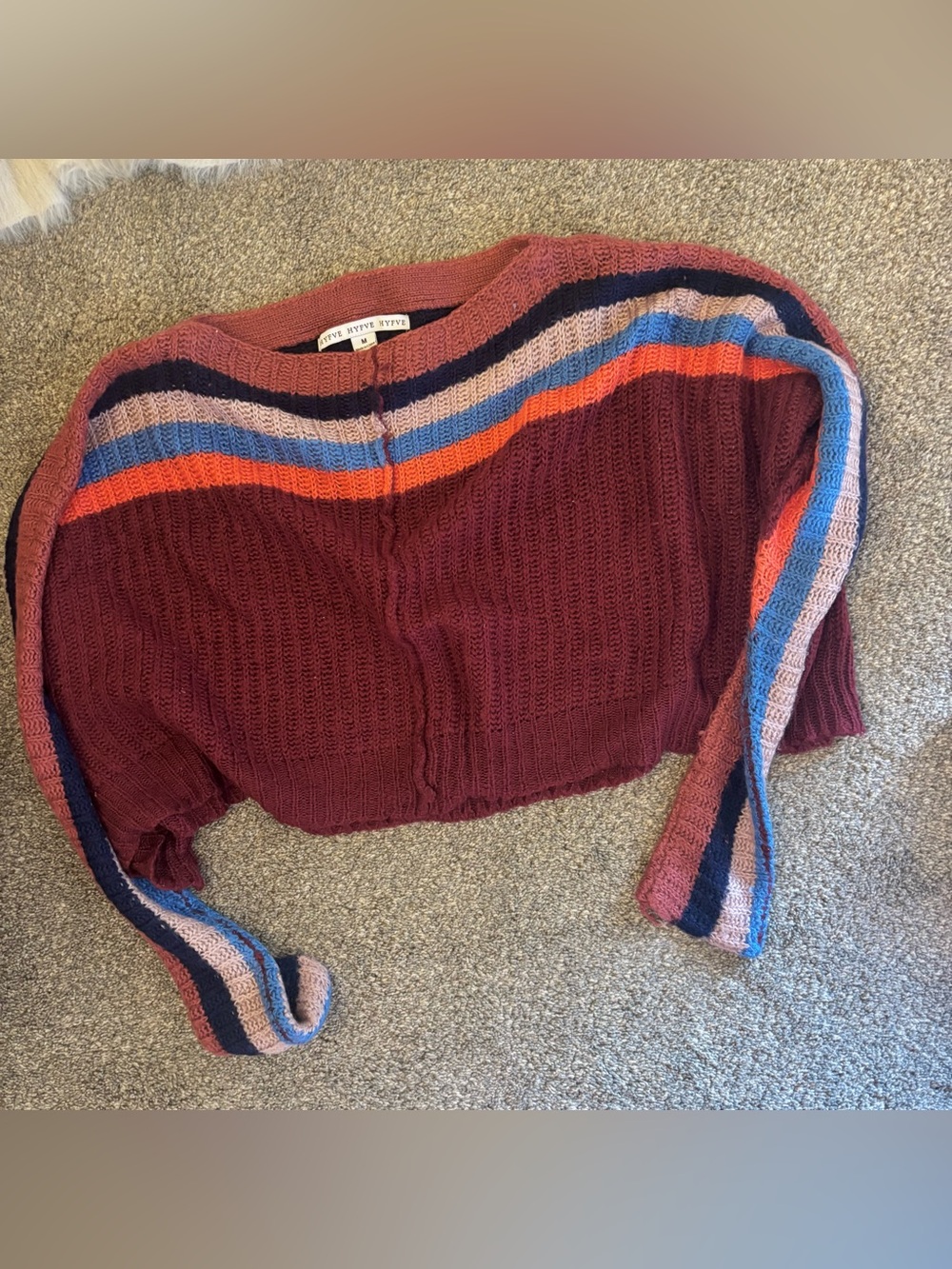 Striped Accent Burgundy Cropped Sweater - HYPE - size Medium